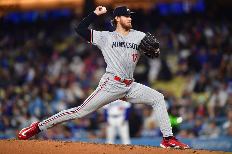 May 16, 2023; Los Angeles, California, USA; Minnesota Twins starting pitcher Bailey Ober (17) throws against the Los Angeles Dodgers during the fourth inning at Dodger Stadium. Mandatory Credit: Gary A. Vasquez-USA TODAY Sports