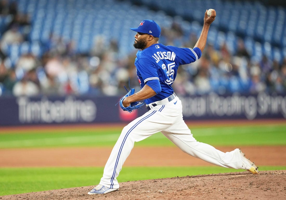 May 15, 2023; Toronto, Ontario, CAN; Toronto Blue Jays relief pitcher Jay Jackson (35) throws a pitch against the New York Yankees during the eighth inning at Rogers Centre. Mandatory Credit: Nick Turchiaro-USA TODAY Sports