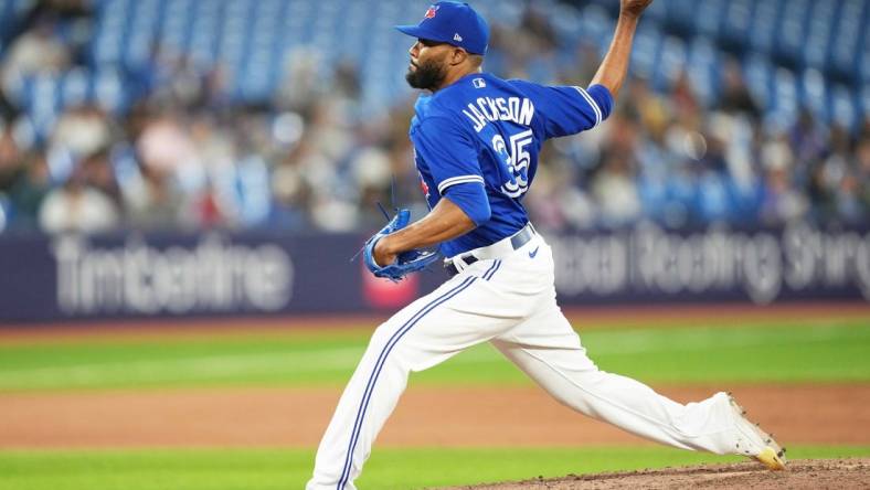 May 15, 2023; Toronto, Ontario, CAN; Toronto Blue Jays relief pitcher Jay Jackson (35) throws a pitch against the New York Yankees during the eighth inning at Rogers Centre. Mandatory Credit: Nick Turchiaro-USA TODAY Sports