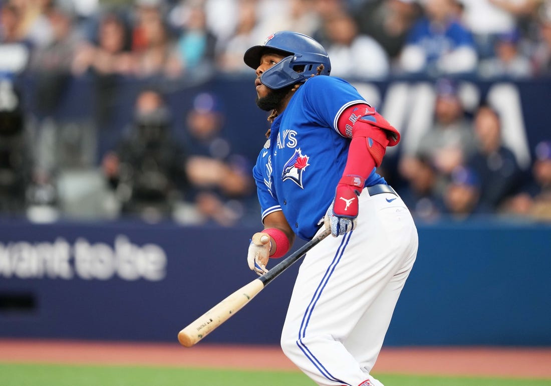 May 15, 2023; Toronto, Ontario, CAN; Toronto Blue Jays designated hitter Vladimir Guerrero Jr. (27) against the New York Yankees during the first inning at Rogers Centre. Mandatory Credit: Nick Turchiaro-USA TODAY Sports