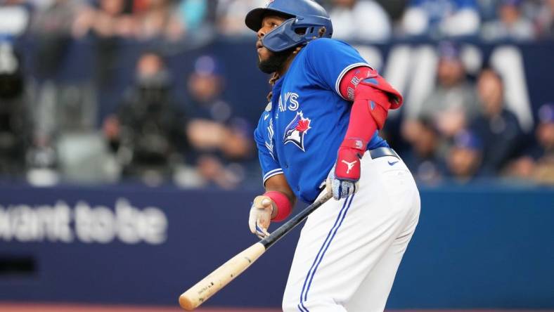 May 15, 2023; Toronto, Ontario, CAN; Toronto Blue Jays designated hitter Vladimir Guerrero Jr. (27) against the New York Yankees during the first inning at Rogers Centre. Mandatory Credit: Nick Turchiaro-USA TODAY Sports