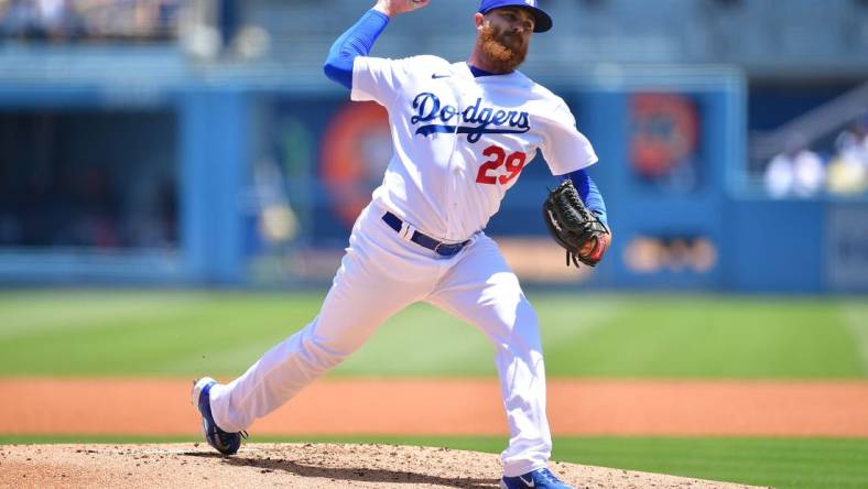 May 17, 2023; Los Angeles, California, USA; Los Angeles Dodgers relief pitcher Dylan Covey (29) throws against the Minnesota Twins during the second inning at Dodger Stadium. Mandatory Credit: Gary A. Vasquez-USA TODAY Sports