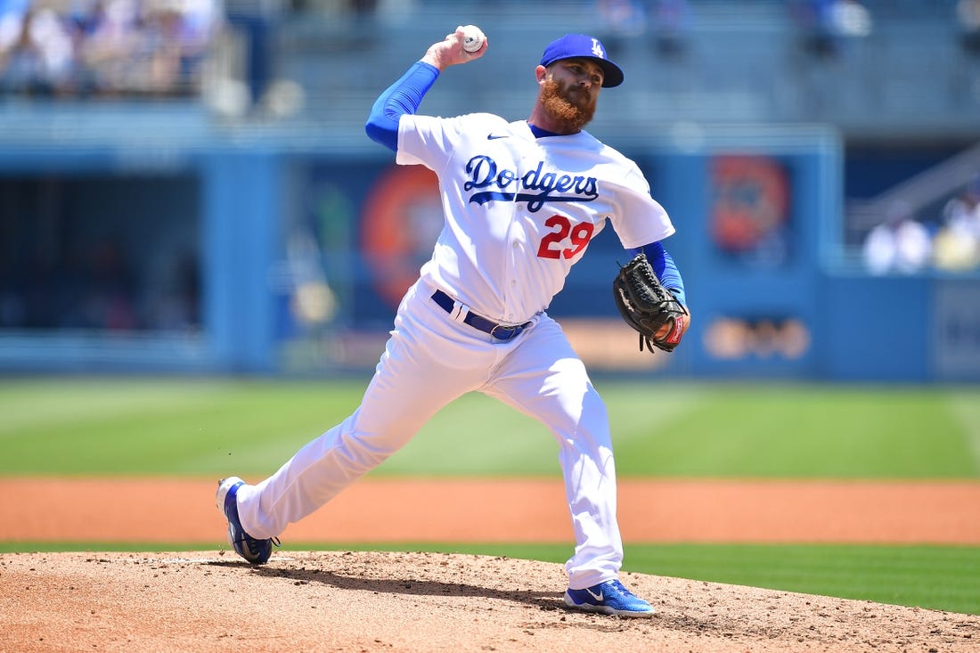 May 17, 2023; Los Angeles, California, USA; Los Angeles Dodgers relief pitcher Dylan Covey (29) throws against the Minnesota Twins during the second inning at Dodger Stadium. Mandatory Credit: Gary A. Vasquez-USA TODAY Sports