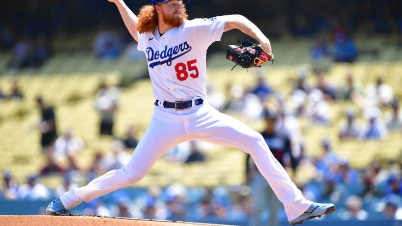 May 17, 2023; Los Angeles, California, USA; Los Angeles Dodgers starting pitcher Dustin May (85) throws against the Minnesota Twins during the first inning at Dodger Stadium. Mandatory Credit: Gary A. Vasquez-USA TODAY Sports