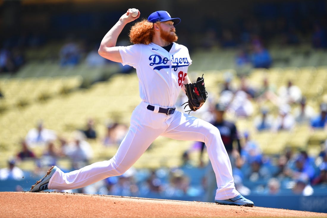 May 17, 2023; Los Angeles, California, USA; Los Angeles Dodgers starting pitcher Dustin May (85) throws against the Minnesota Twins during the first inning at Dodger Stadium. Mandatory Credit: Gary A. Vasquez-USA TODAY Sports