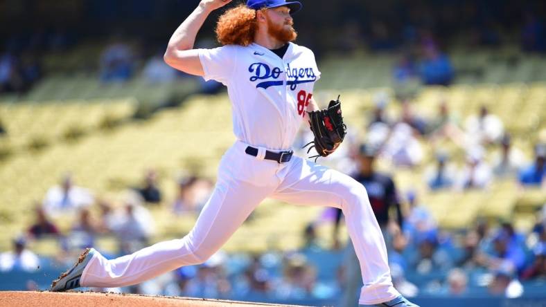 May 17, 2023; Los Angeles, California, USA; Los Angeles Dodgers starting pitcher Dustin May (85) throws against the Minnesota Twins during the first inning at Dodger Stadium. Mandatory Credit: Gary A. Vasquez-USA TODAY Sports