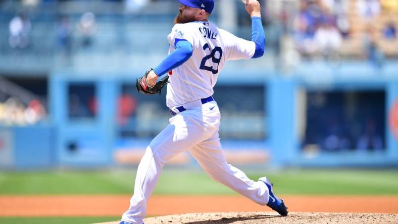 May 17, 2023; Los Angeles, California, USA; Los Angeles Dodgers relief pitcher Dylan Covey (29) throws against the Minnesota Twins during the fourth inning at Dodger Stadium. Mandatory Credit: Gary A. Vasquez-USA TODAY Sports