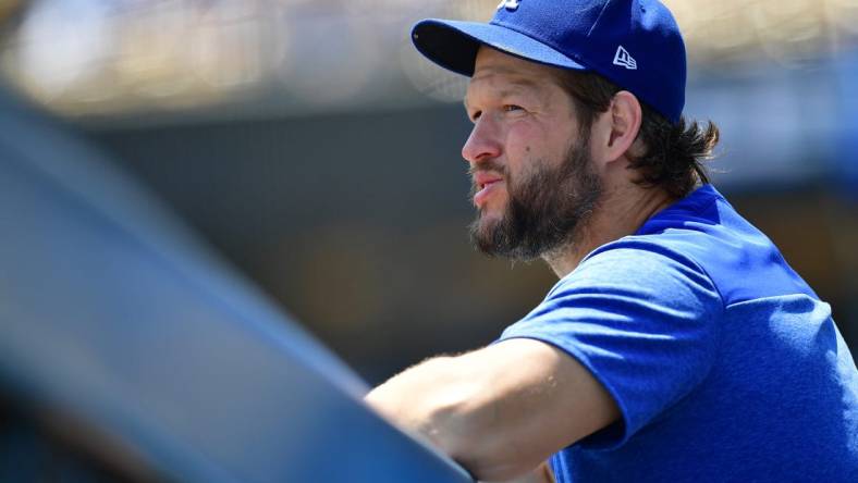 May 17, 2023; Los Angeles, California, USA; Los Angeles Dodgers starting pitcher Clayton Kershaw (22) before the game against the Minnesota Twins at Dodger Stadium. Mandatory Credit: Gary A. Vasquez-USA TODAY Sports