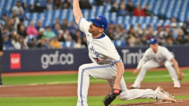 May 17, 2023; Toronto, Ontario, CAN;   Toronto Blue Jays starting pitcher Chris Bassitt (40) delivers a pitch against the New York Yankees in the second inning at Rogers Centre. Mandatory Credit: Dan Hamilton-USA TODAY Sports