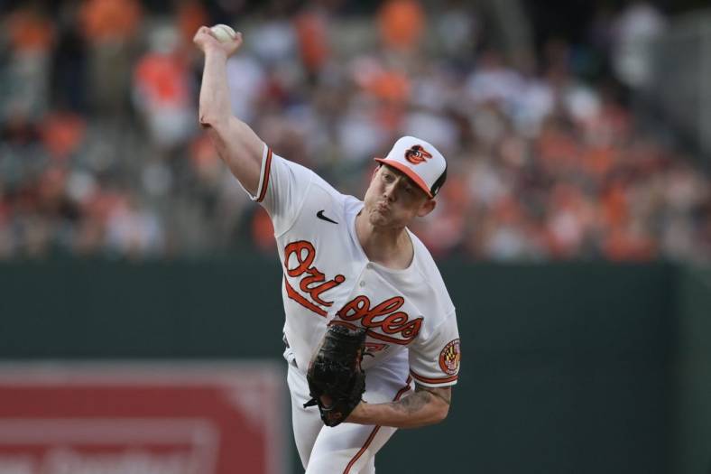 May 17, 2023; Baltimore, Maryland, USA; Baltimore Orioles starting pitcher Kyle Bradish (39) throws a second inning pitch against the Los Angeles Angels  at Oriole Park at Camden Yards. Mandatory Credit: Tommy Gilligan-USA TODAY Sports