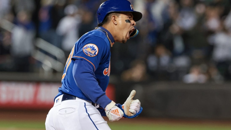 May 17, 2023; New York City, New York, USA; New York Mets third baseman Mark Vientos (27) reacts after hitting a two-run home run during the seventh inning against the Tampa Bay Rays at Citi Field. Mandatory Credit: Vincent Carchietta-USA TODAY Sports