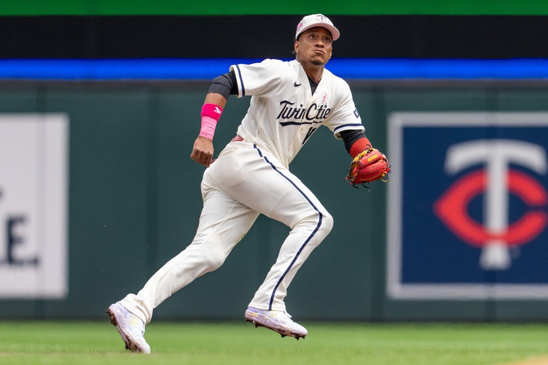 May 14, 2023; Minneapolis, Minnesota, USA; Minnesota Twins second baseman Jorge Polanco (11) in action against the Chicago Cubs at Target Field. Mandatory Credit: Matt Blewett-USA TODAY Sports