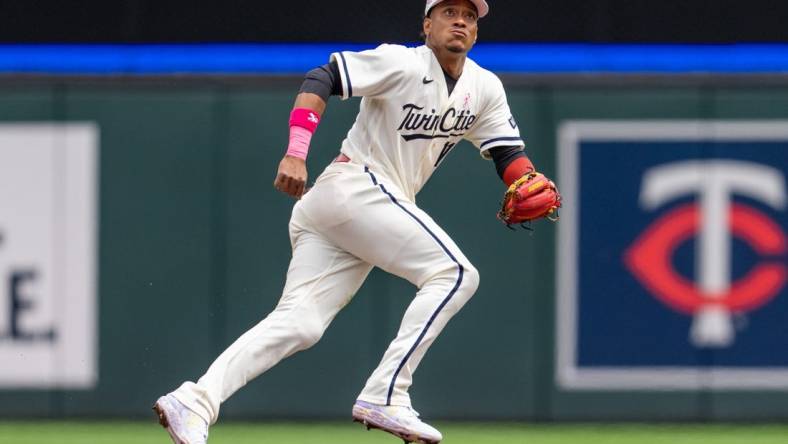 May 14, 2023; Minneapolis, Minnesota, USA; Minnesota Twins second baseman Jorge Polanco (11) in action against the Chicago Cubs at Target Field. Mandatory Credit: Matt Blewett-USA TODAY Sports