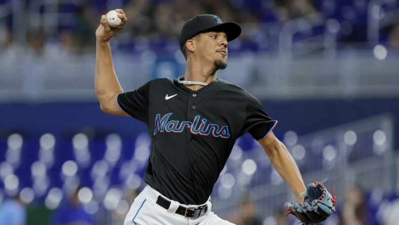 May 18, 2023; Miami, Florida, USA; Miami Marlins starting pitcher Eury Perez (39) delivers a pitch against the Washington Nationals during the first inning at loanDepot Park. Mandatory Credit: Sam Navarro-USA TODAY Sports
