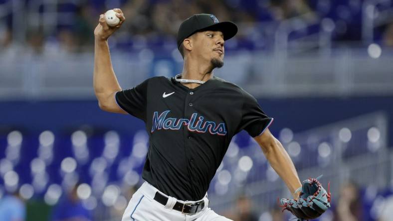 May 18, 2023; Miami, Florida, USA; Miami Marlins starting pitcher Eury Perez (39) delivers a pitch against the Washington Nationals during the first inning at loanDepot Park. Mandatory Credit: Sam Navarro-USA TODAY Sports