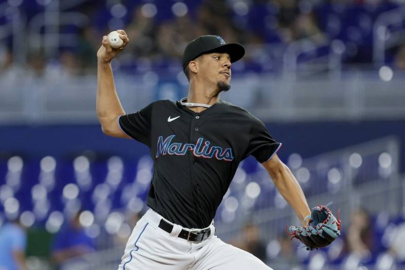 May 18, 2023; Miami, Florida, USA; Miami Marlins starting pitcher Eury Perez (39) delivers a pitch against the Washington Nationals during the first inning at loanDepot Park. Mandatory Credit: Sam Navarro-USA TODAY Sports