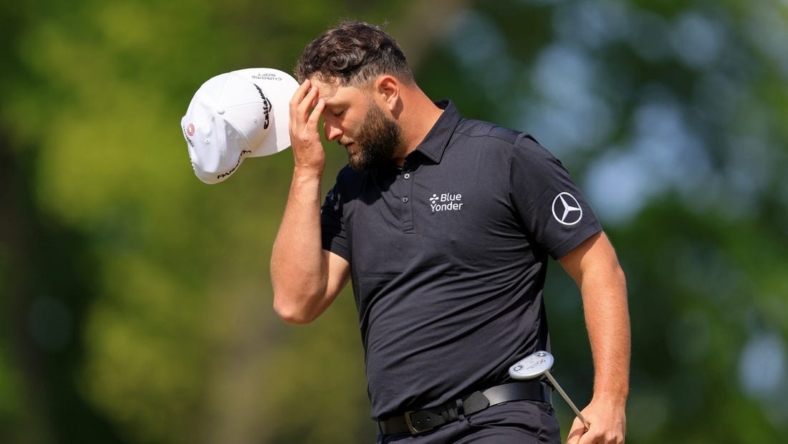 May 18, 2023; Rochester, New York, USA; Jon Rahm reacts after a putt on the ninth green during the first round of the PGA Championship golf tournament at Oak Hill Country Club. Mandatory Credit: Aaron Doster-USA TODAY Sports