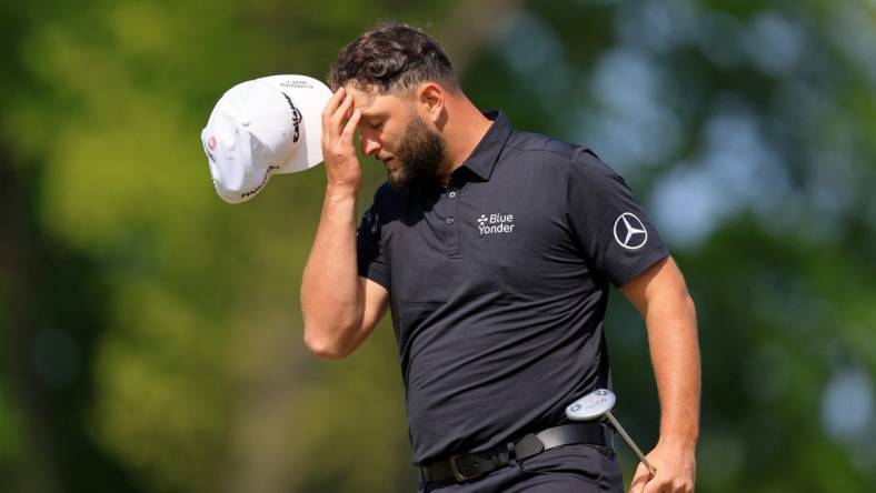 May 18, 2023; Rochester, New York, USA; Jon Rahm reacts after a putt on the ninth green during the first round of the PGA Championship golf tournament at Oak Hill Country Club. Mandatory Credit: Aaron Doster-USA TODAY Sports