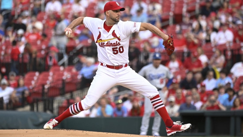 May 18, 2023; St. Louis, Missouri, USA; St. Louis Cardinals starting pitcher Adam Wainwright (50) pitches against the Los Angeles Dodgers in the first inning at Busch Stadium. Mandatory Credit: Joe Puetz-USA TODAY Sports