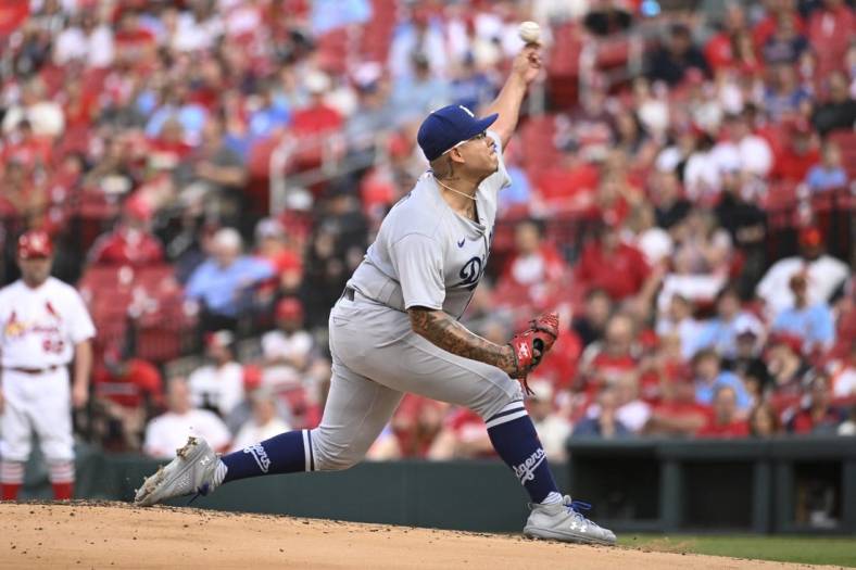 May 18, 2023; St. Louis, Missouri, USA; Los Angeles Dodgers starting pitcher Julio Urias (7) pitches against the St. Louis Cardinals in the first inning at Busch Stadium. Mandatory Credit: Joe Puetz-USA TODAY Sports