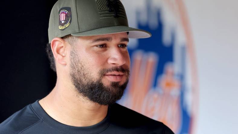 May 19, 2023; New York City, New York, USA; New York Mets catcher Gary Sanchez (33) in the dugout before batting practice before a game against the Cleveland Guardians at Citi Field. Mandatory Credit: Brad Penner-USA TODAY Sports