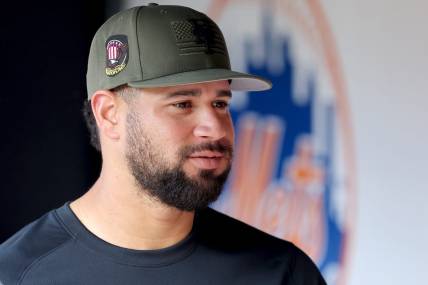May 19, 2023; New York City, New York, USA; New York Mets catcher Gary Sanchez (33) in the dugout before batting practice before a game against the Cleveland Guardians at Citi Field. Mandatory Credit: Brad Penner-USA TODAY Sports