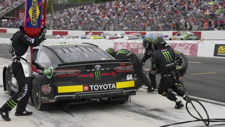 May 19, 2023; North Wilkesboro, North Carolina, USA;  Nascar Cup Series driver Ty Gibbs (54) crew sets the pace during the Pit Crew Challenge and Qualifier at North Wilkesboro Speedway. Mandatory Credit: Jim Dedmon-USA TODAY Sports