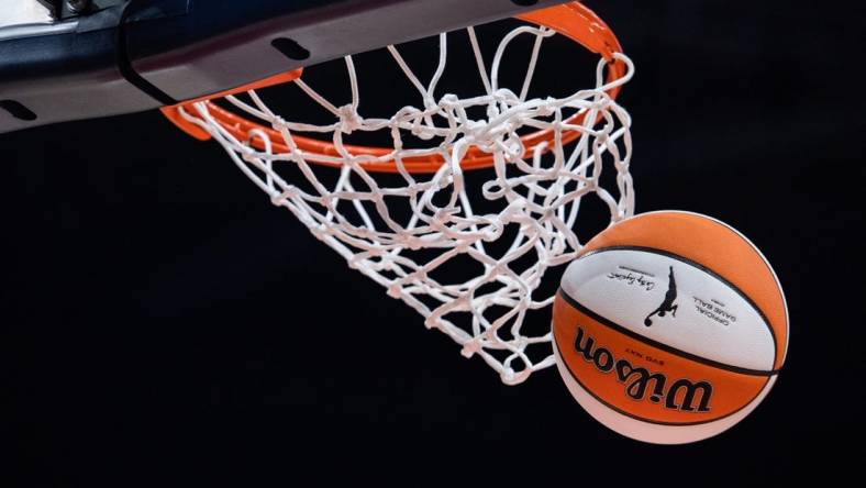 May 19, 2023; Indianapolis, Indiana, USA; a view of the ball in the second half of the game between the Indiana Fever and the Connecticut Sun at Gainbridge Fieldhouse. Mandatory Credit: Trevor Ruszkowski-USA TODAY Sports