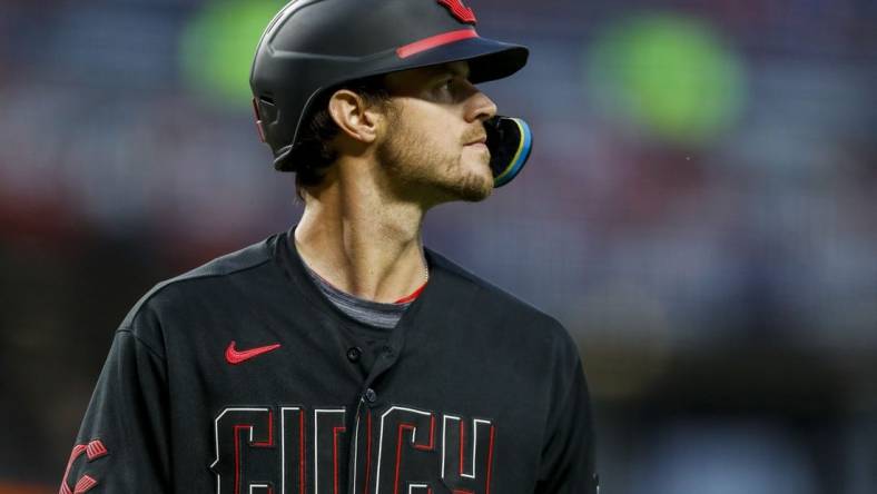 May 19, 2023; Cincinnati, Ohio, USA; Cincinnati Reds right fielder Wil Myers (4) walks off the field after striking out against the New York Yankees in the seventh inning at Great American Ball Park. Mandatory Credit: Katie Stratman-USA TODAY Sports