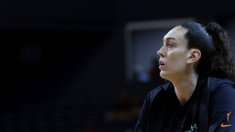 May 19, 2023; Washington, District of Columbia, USA; New York Liberty forward Breanna Stewart (30) stands on the court during warmup prior to the game against the Washington Mystics at Entertainment & Sports Arena. Mandatory Credit: Geoff Burke-USA TODAY Sports