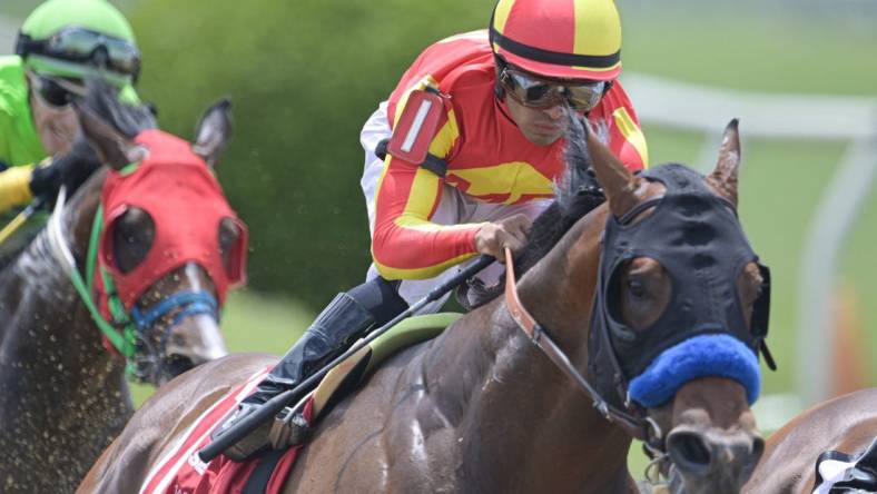 May 20, 2023; Baltimore, Maryland, USA;   Luis Saez aboard Havnameltdown (1) enters the third turn during the running of the 48th Running the Chick Lang Stakes (Grade III)  at Pimlico Race Course. Mandatory Credit: Tommy Gilligan-USA TODAY Sports