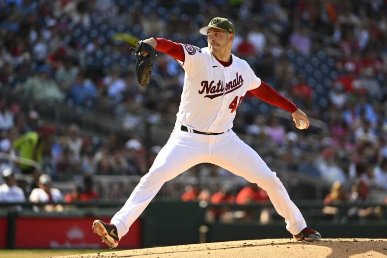 May 20, 2023; Washington, District of Columbia, USA; Washington Nationals starting pitcher Patrick Corbin (46) throws to the Detroit Tigers during the second inning at Nationals Park. Mandatory Credit: Brad Mills-USA TODAY Sports