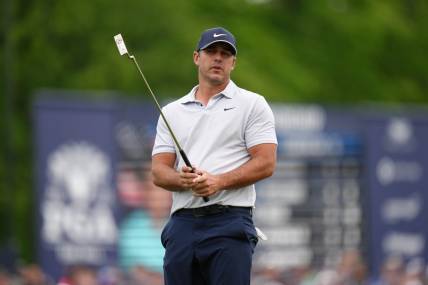 May 20, 2023; Rochester, New York, USA; Brooks Koepka reacts to a putt on the ninth green during the third round of the PGA Championship golf tournament. Mandatory Credit: Aaron Doster-USA TODAY Sports