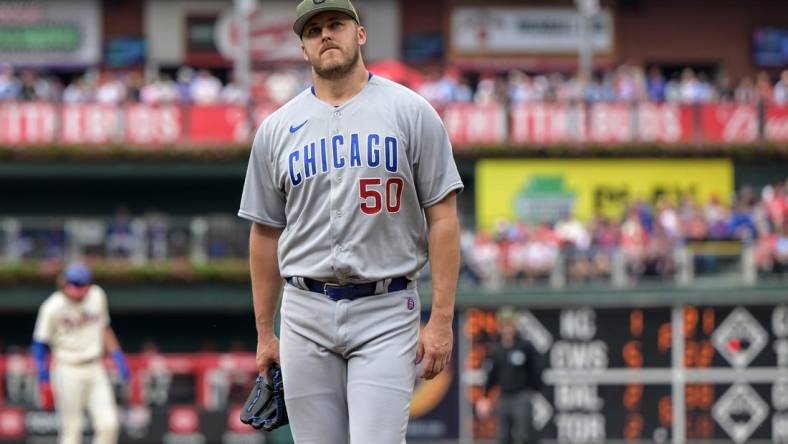 May 20, 2023; Philadelphia, Pennsylvania, USA;  Chicago Cubs starting pitcher Jameson Taillon (50) walks to the dugout after being pulled in the third inning against the Philadelphia Phillies at Citizens Bank Park. The Phillies won 12-3. Mandatory Credit: John Geliebter-USA TODAY Sports