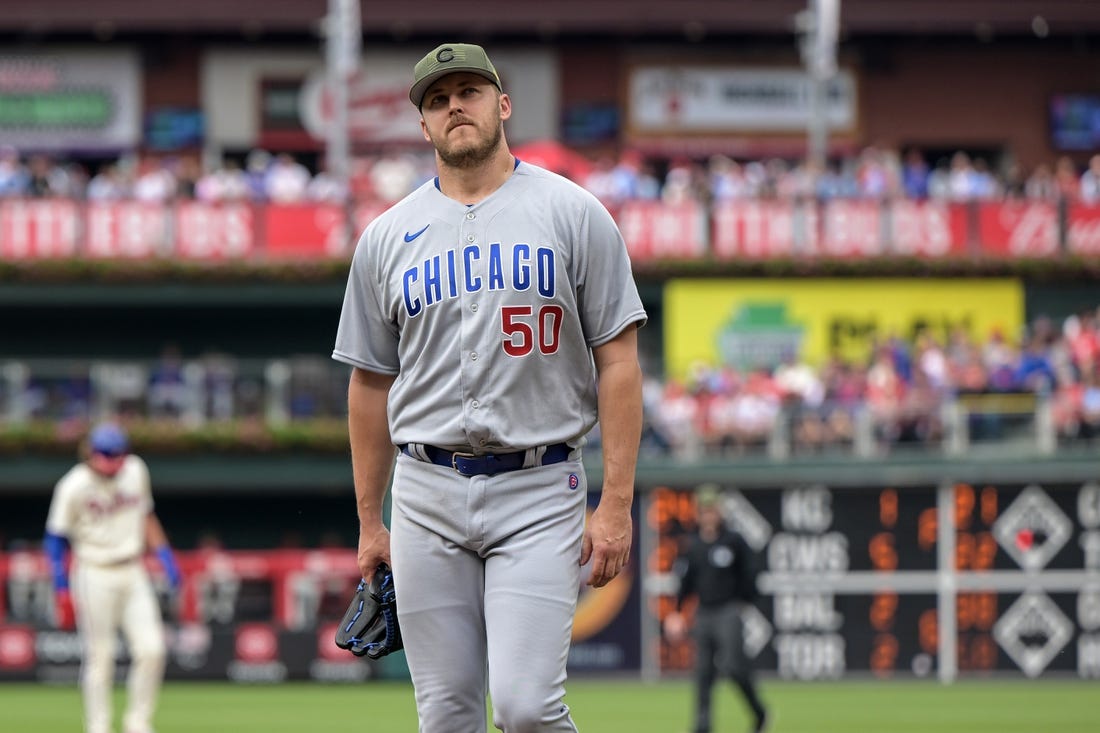May 20, 2023; Philadelphia, Pennsylvania, USA;  Chicago Cubs starting pitcher Jameson Taillon (50) walks to the dugout after being pulled in the third inning against the Philadelphia Phillies at Citizens Bank Park. The Phillies won 12-3. Mandatory Credit: John Geliebter-USA TODAY Sports