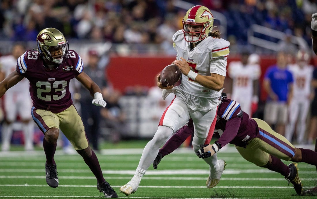 Birmingham Stallions' Alex McGough (11) runs the ball against the Michigan Panthers   defense at Ford Field in Detroit on Saturday, May 20, 2023.