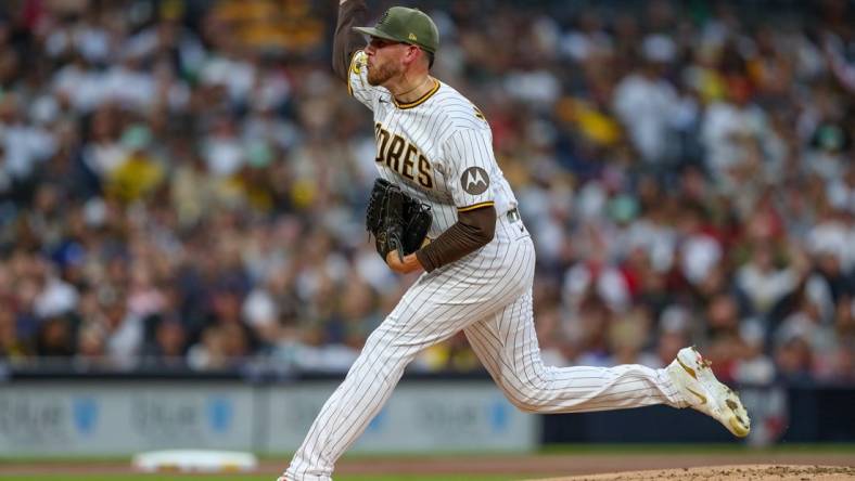 May 20, 2023; San Diego, California, USA; San Diego Padres starting pitcher Joe Musgrove (44) throws a pitch during the first inning against the Boston Red Sox at Petco Park. Mandatory Credit: David Frerker-USA TODAY Sports