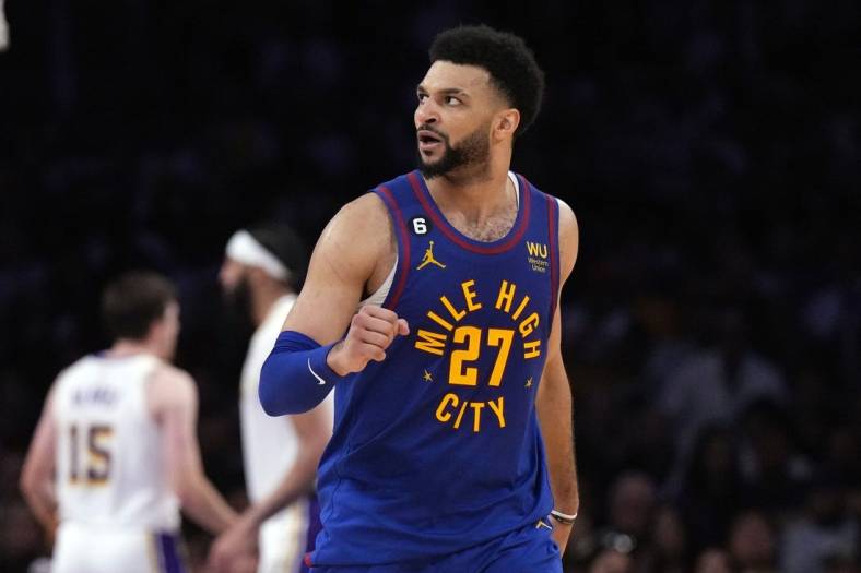 May 20, 2023; Los Angeles, California, USA; Denver Nuggets guard Jamal Murray (27) reacts in the fourth quarter against the Los Angeles Lakers during game three of the Western Conference Finals for the 2023 NBA playoffs at Crypto.com Arena. Mandatory Credit: Kirby Lee-USA TODAY Sports
