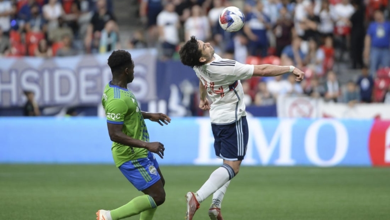 May 20, 2023; Vancouver, British Columbia, CAN;  Vancouver Whitecaps FC forward Brian White (24) traps the ball during the first half against the Seattle Sounders at BC Place. Mandatory Credit: Anne-Marie Sorvin-USA TODAY Sports