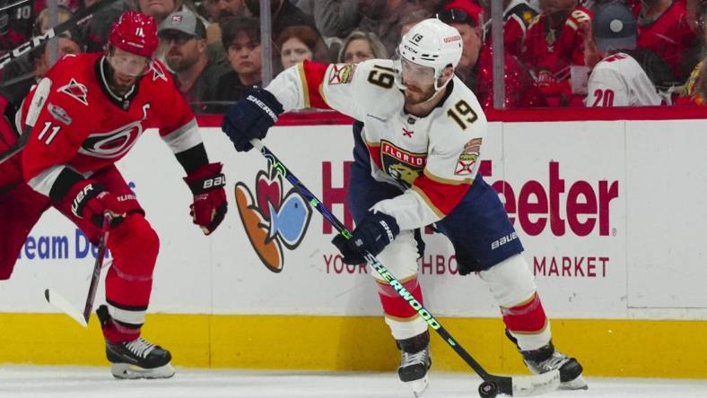 May 18, 2023; Raleigh, North Carolina, USA; Florida Panthers left wing Matthew Tkachuk (19) skates with the puck against the Carolina Hurricanes during the second period in game one of the Eastern Conference Finals of the 2023 Stanley Cup Playoffs at PNC Arena. Mandatory Credit: James Guillory-USA TODAY Sports