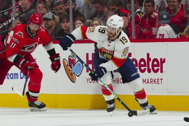 May 18, 2023; Raleigh, North Carolina, USA; Florida Panthers left wing Matthew Tkachuk (19) skates with the puck against the Carolina Hurricanes during the second period in game one of the Eastern Conference Finals of the 2023 Stanley Cup Playoffs at PNC Arena. Mandatory Credit: James Guillory-USA TODAY Sports
