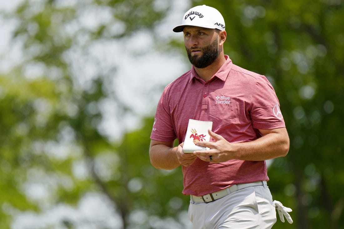 May 21, 2023; Rochester, New York, USA; Jon Rahm walks on the ninth hole during the final round of the PGA Championship golf tournament at Oak Hill Country Club. Mandatory Credit: Adam Cairns-USA TODAY Sports