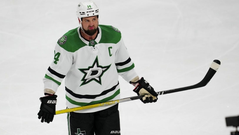 May 21, 2023; Las Vegas, Nevada, USA; Dallas Stars left wing Jamie Benn (14) waits for play to resume against the Vegas Golden Knights during the third period in game two of the Western Conference Finals of the 2023 Stanley Cup Playoffs at T-Mobile Arena. Mandatory Credit: Stephen R. Sylvanie-USA TODAY Sports
