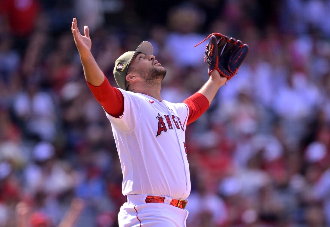 May 21, 2023; Anaheim, California, USA;  Los Angeles Angels relief pitcher Carlos Estevez (53) reacts after earning a save in the ninth against the Minnesota Twins at Angel Stadium. Mandatory Credit: Jayne Kamin-Oncea-USA TODAY Sports