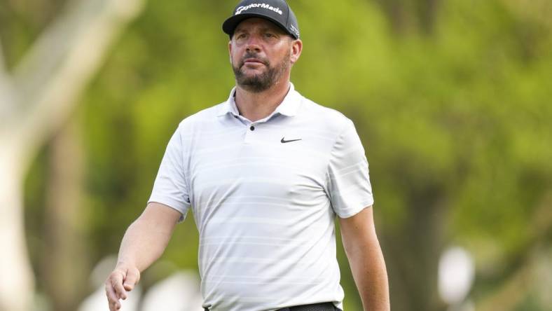 May 21, 2023; Rochester, New York, USA; Michael Block walks the 18th fairway during the final round of the PGA Championship golf tournament at Oak Hill Country Club. Mandatory Credit: Aaron Doster-USA TODAY Sports