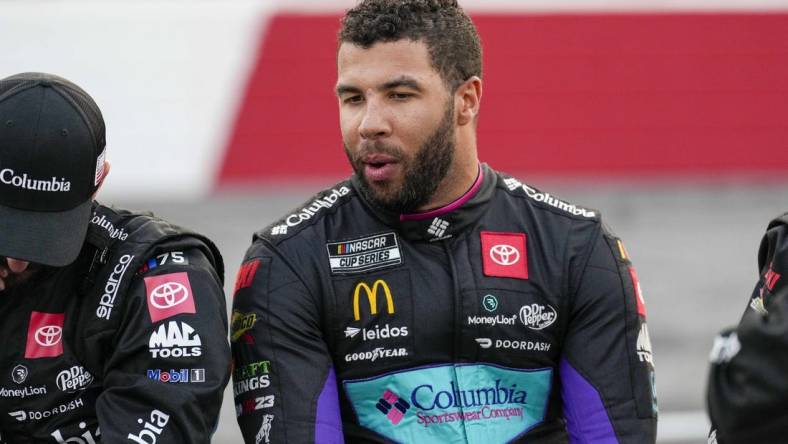 May 21, 2023; North Wilkesboro, North Carolina, USA; NASCAR Cup Series driver Bubba Wallace (23) during the All Star Race at North Wilkesboro Speedway. Mandatory Credit: Jim Dedmon-USA TODAY Sports