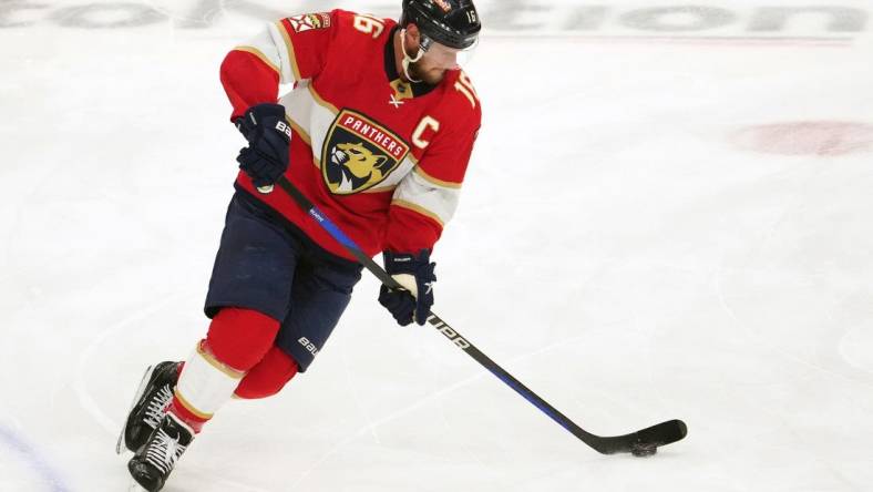 May 22, 2023; Sunrise, Florida, USA; Florida Panthers center Aleksander Barkov (16) warms up prior to game three of the Eastern Conference Finals of the 2023 Stanley Cup Playoffs against the Carolina Hurricanes at FLA Live Arena. Mandatory Credit: Jasen Vinlove-USA TODAY Sports