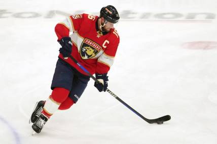 May 22, 2023; Sunrise, Florida, USA; Florida Panthers center Aleksander Barkov (16) warms up prior to game three of the Eastern Conference Finals of the 2023 Stanley Cup Playoffs against the Carolina Hurricanes at FLA Live Arena. Mandatory Credit: Jasen Vinlove-USA TODAY Sports