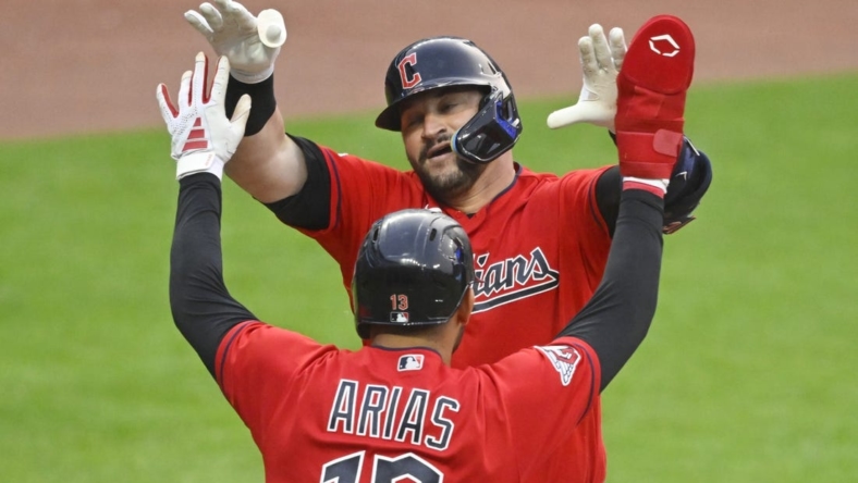 May 22, 2023; Cleveland, Ohio, USA; Cleveland Guardians catcher Mike Zunino (10) celebrates his two-run home run with third baseman Gabriel Arias (13) in the seventh inning against the Chicago White Sox at Progressive Field. Mandatory Credit: David Richard-USA TODAY Sports