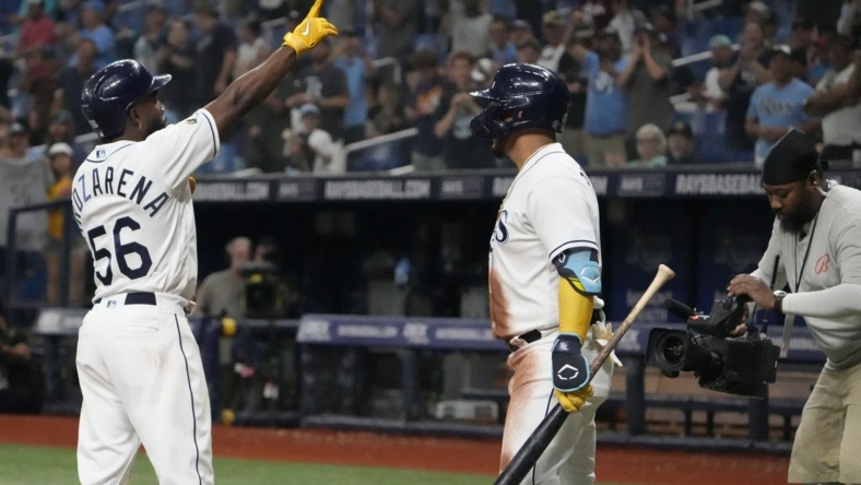 May 22, 2023; St. Petersburg, Florida, USA; Tampa Bay Rays left fielder Randy Arozarena (56) celebrates after hitting a home run against the Toronto Blue Jays during the sixth inning at Tropicana Field. Mandatory Credit: Dave Nelson-USA TODAY Sports